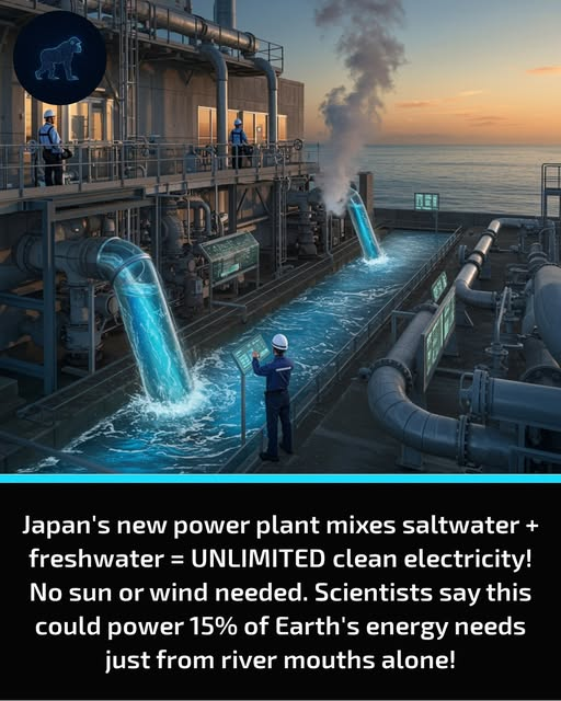 Rainmaker1973's tweet photo. Japanese scientists have discovered a way to generate electricity by mixing saltwater and freshwater.

In August 2025, a facility harnessing the energy of mixing saltwater and freshwater, known as "blue energy," began operations in Fukuoka, Japan. 

While Japan is a leader in advancing this technology, the underlying scientific principle is a long-standing concept that utilizes osmosis to generate power. 

Specifically, the process is a type of pressure-retarded osmosis (PRO). It involves the following steps: a special semi-permeable membrane is used to separate two water streams with different salt concentrations. One side uses concentrated seawater, which is made even saltier by using waste brine from a nearby desalination plant. The other side uses treated wastewater with a low salt concentration.

Unlike solar or wind energy, this method works continuously, day and night, independent of weather conditions. Researchers estimate that if implemented globally at river mouths, it could provide up to 15% of the world’s energy needs — a staggering potential for clean, sustainable power.