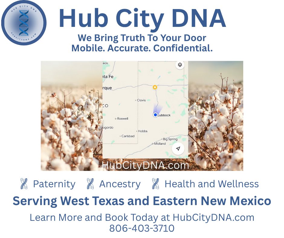 HubCityDNA's tweet image. Proud to serve the heart of West Texas. ❤️
From Lubbock to Clovis, we bring the lab to you — safely and securely.
#LubbockLocal #HubCityStrong #MobileDNATesting