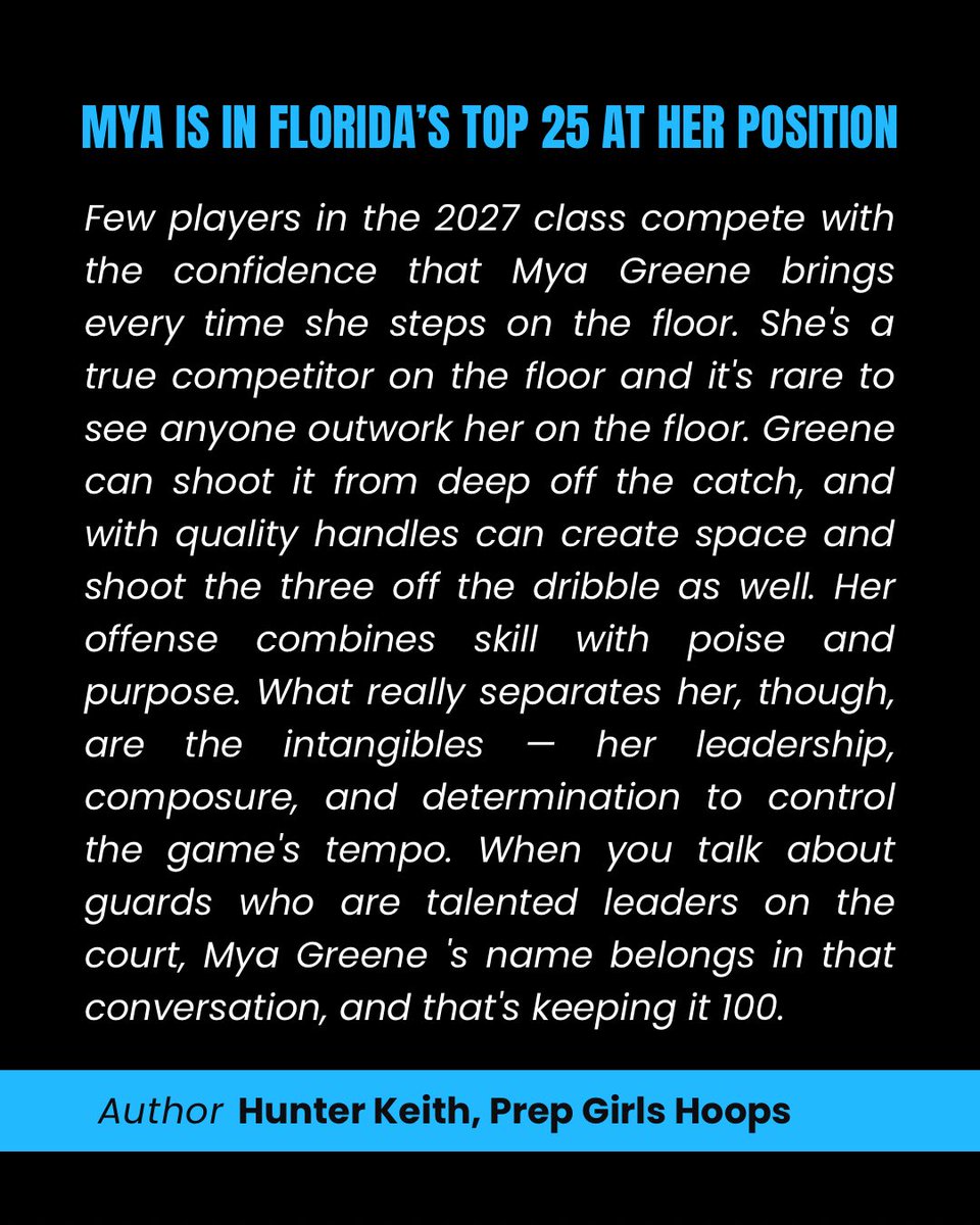 Hard work shows - <a href="/MyaGreene11/">Mya Greene 2027</a> proves it every time she steps on the floor 💪🏀. 

From early mornings to extra reps, her dedication fuels the versatility and consistency that caught the eye of Prep Girls Hoops writer Hunter Keith in “Keeping it 100 with the 2027’s” 🏀