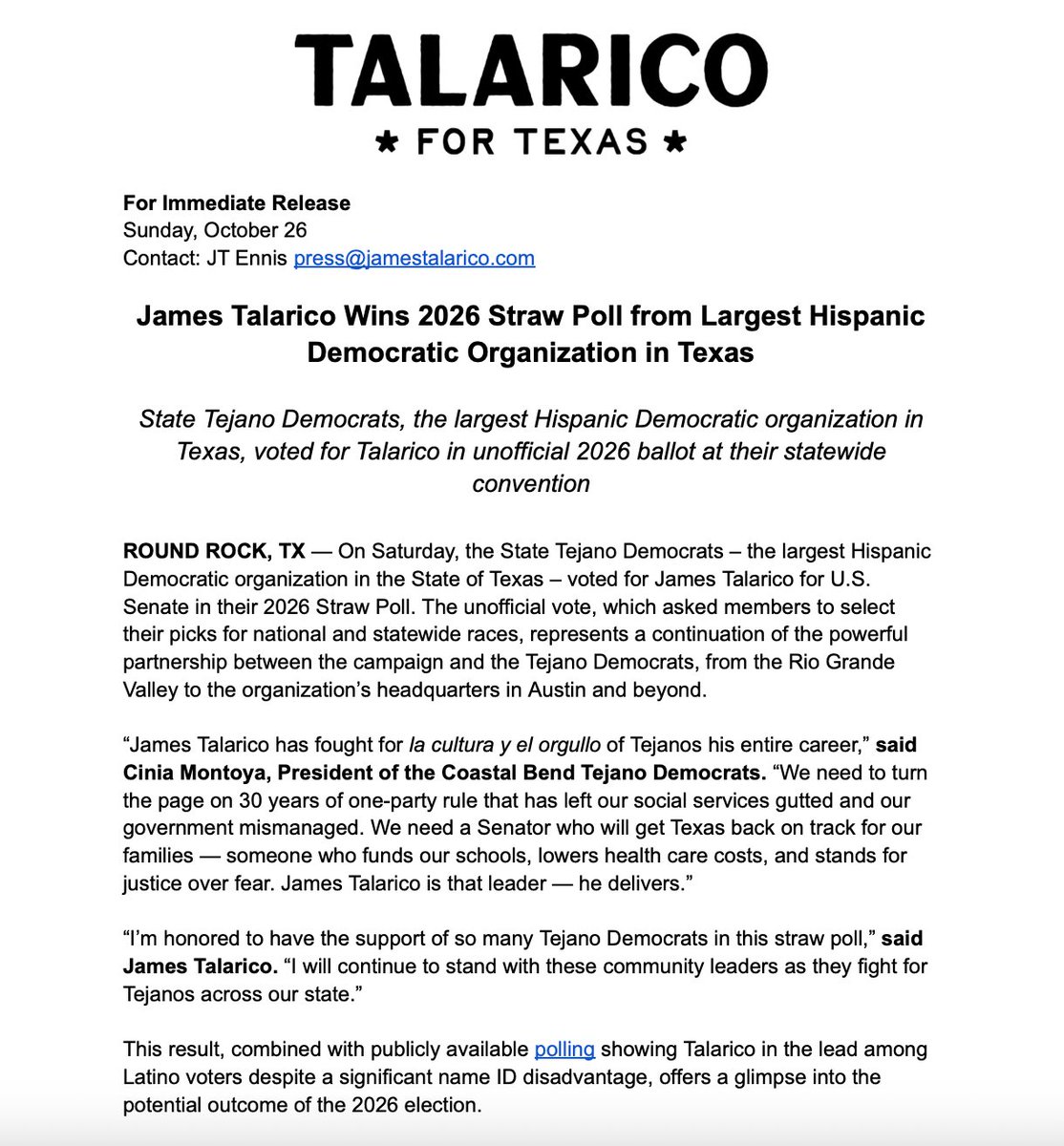 BREAKING: @JamesTalarico just won the straw poll at the Tejano Democrats convention.

This is the largest Hispanic Democratic organization in Texas.