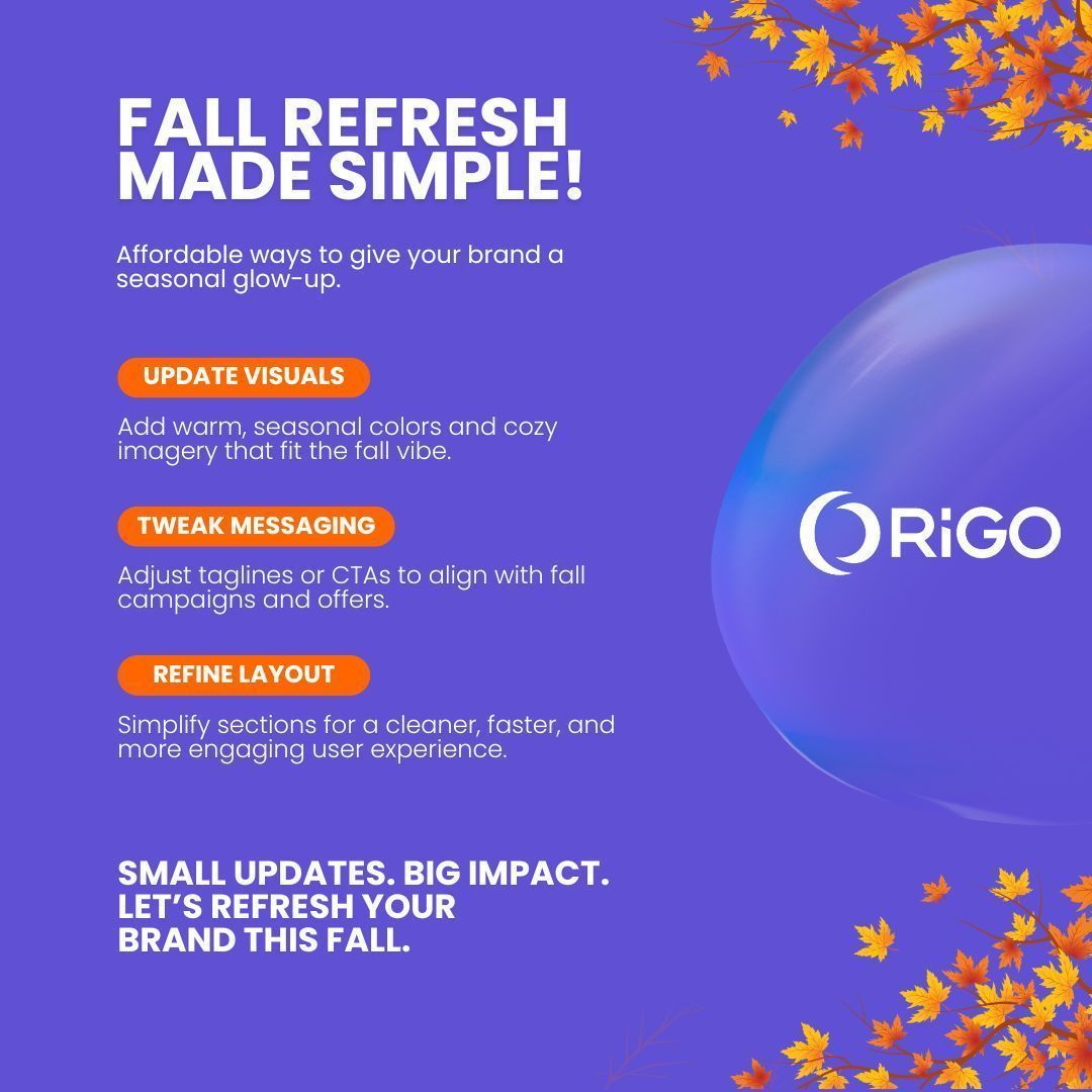 designorig0's tweet image. Small changes. Big results.
Refresh your site this fall and get ready for Q4 growth. 

#WebsiteRefresh #WebsiteDesign #DigitalMarketing #BusinessGrowth #OrigoCreative #EntrepreneurLife #MarketingTips #OnlineBusiness