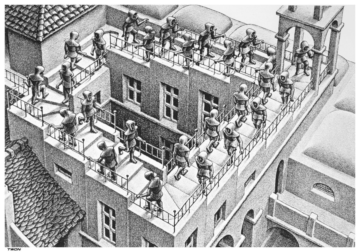 The penrose stairs ...

They appear to be going up forever... till you notice you're back where you started. 

Can you find the problem? 

#opticalillusion