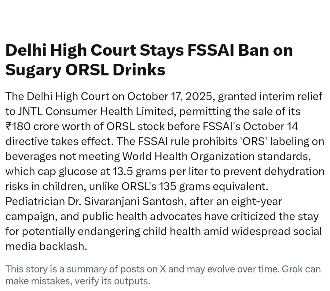 Courts step in, not to protect children’s health, but ₹180 crore worth of sugary ORSL stock.

FSSAI says WHO limit is 13.5g glucose/litre, ORSL packs 135g, 10x more sugar!

Why don’t courts implement that judges themselves drink 2–3 ORSL bottles daily to dispose of that ₹180