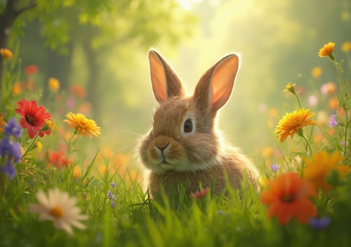 PromptSin's tweet image. Discover pure innocence in a spring meadow! 🌸🐇 Embrace nature—explore your local parks today! #SpringVibes #Wildlife