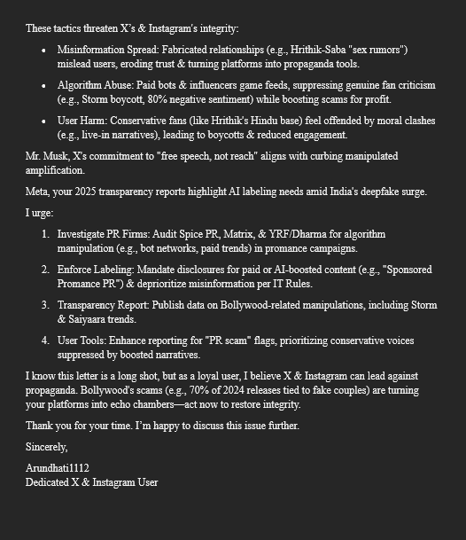 iArundhatiDevi7's tweet photo. Bollywood's PR machine is a DISGRACE, poisoning X &amp; Instagram with promance scams! 😡 My letter to @elonmusk @X &amp; @Meta demands action! 

#EndPromance #EndBollywoodPRManipulation #HrithikRoshan @iHrithik @DharmaMovies @yrf @PrimeVideoIN https://t.co/dxUIYVkeaE