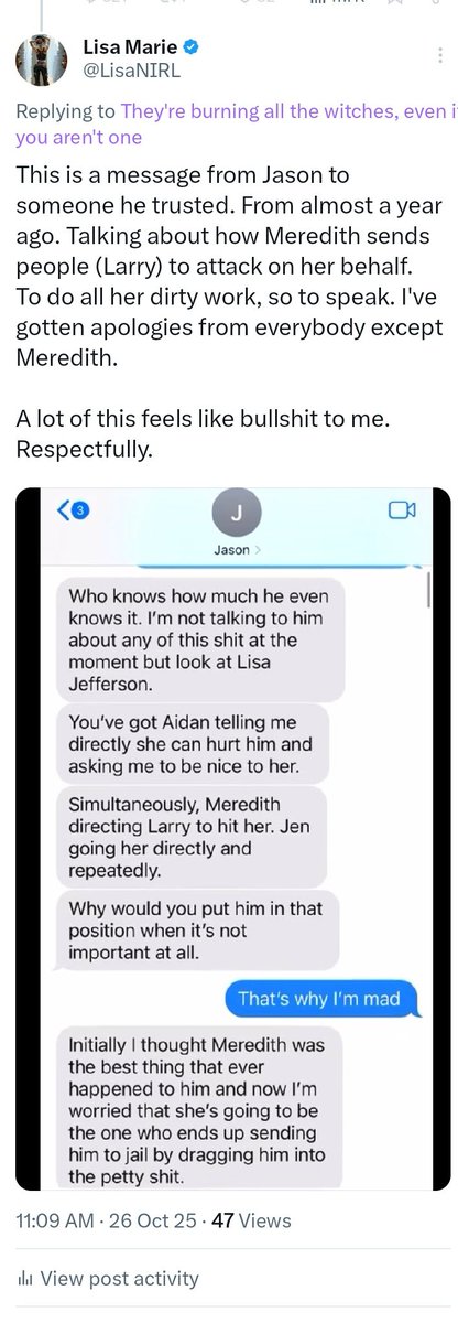 LisaNIRL's tweet image. I'm all about the truth. But Meredith O'Neil's crying last night on a space about being a victim is absolute bullshit. Here is me trying to share the truth. That Meredith sent Larry and others after me (and other victims) going back as far as a year. This is a game they've been…