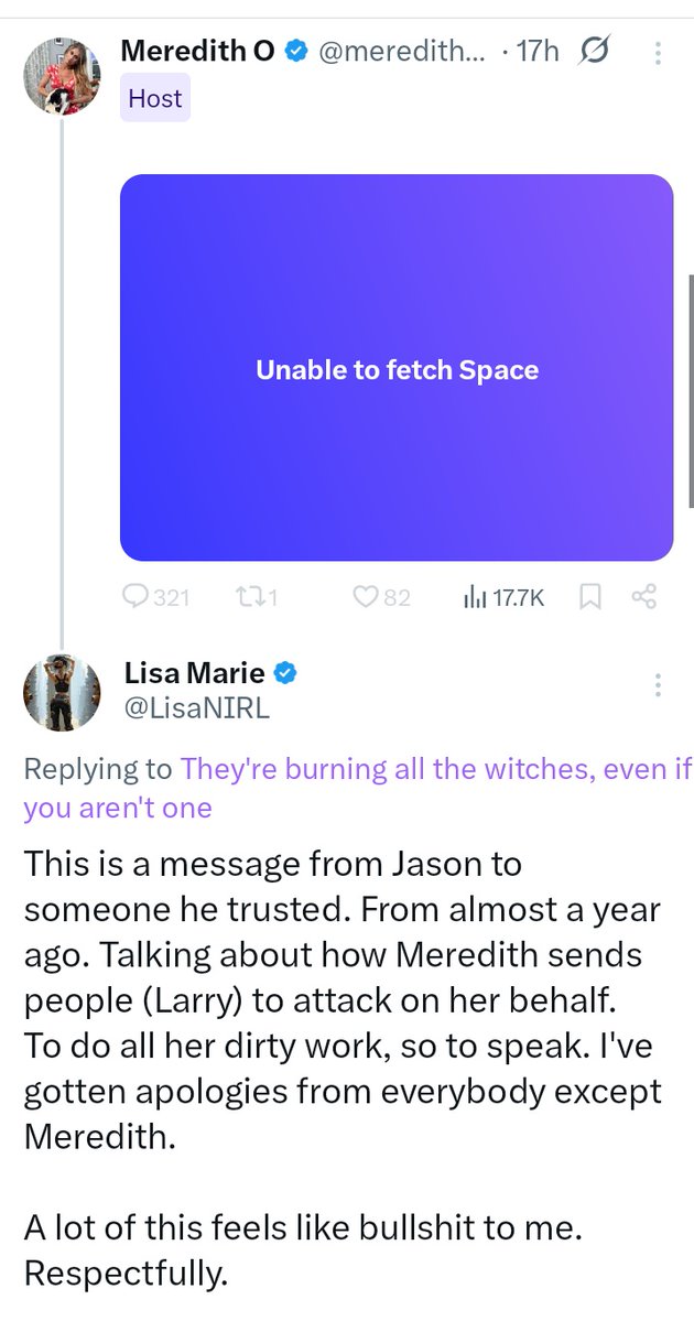 LisaNIRL's tweet image. I'm all about the truth. But Meredith O'Neil's crying last night on a space about being a victim is absolute bullshit. Here is me trying to share the truth. That Meredith sent Larry and others after me (and other victims) going back as far as a year. This is a game they've been…