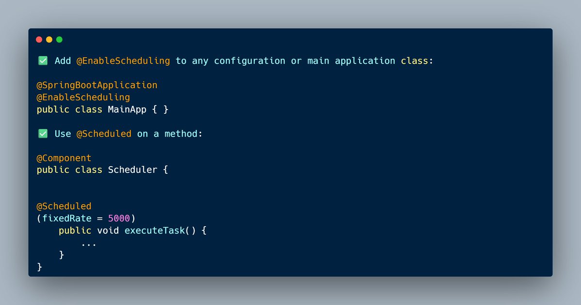 mario_casari's tweet image. 💡 Spring Boot: You can run jobs at fixed intervals without setting up Quartz or external schedulers.
#SpringBoot #JavaDev