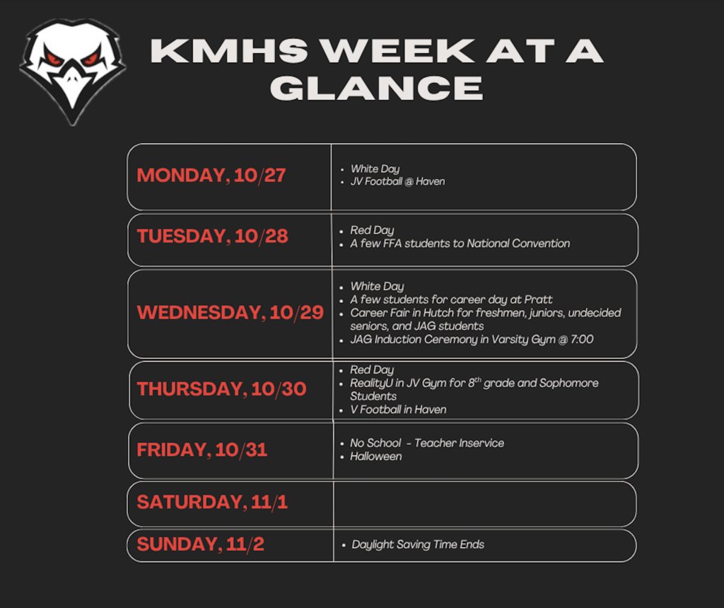 Please notice the varsity football game was moved to THURSDAY in Haven.  Happy Halloween Week!
