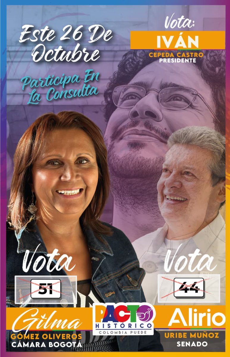 Marca el tarjetón de Cámara por Bogotá #51,
Senado #44 <a href="/AlirioUribeMuoz/">Alirio Uribe Muñoz</a>
y acompaña este proyecto votando por <a href="/IvanCepedaCast/">Iván Cepeda Castro</a> a la Presidencia.

#YoVoté #Elecciones2025 #DemocraciaViva #ParticiparEsTransformar #BogotáDecide #GilmaGómez51 #AlirioUribe44 #IvánCepedaPresidente