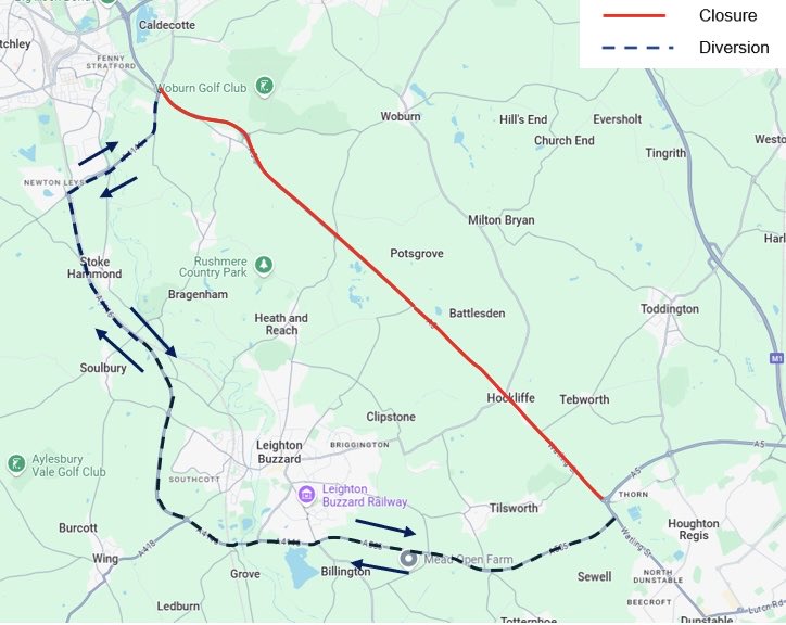 MarkVersallion's tweet image. The A5 will be closed from Thorn Turn to Kelly's Kitchen roundabout for important roadworks, from tomorrow night.

National Highways plan to do the work from Hockliffe to Little Brickhill over five nights starting Monday 27 Oct from 8pm to 5am.