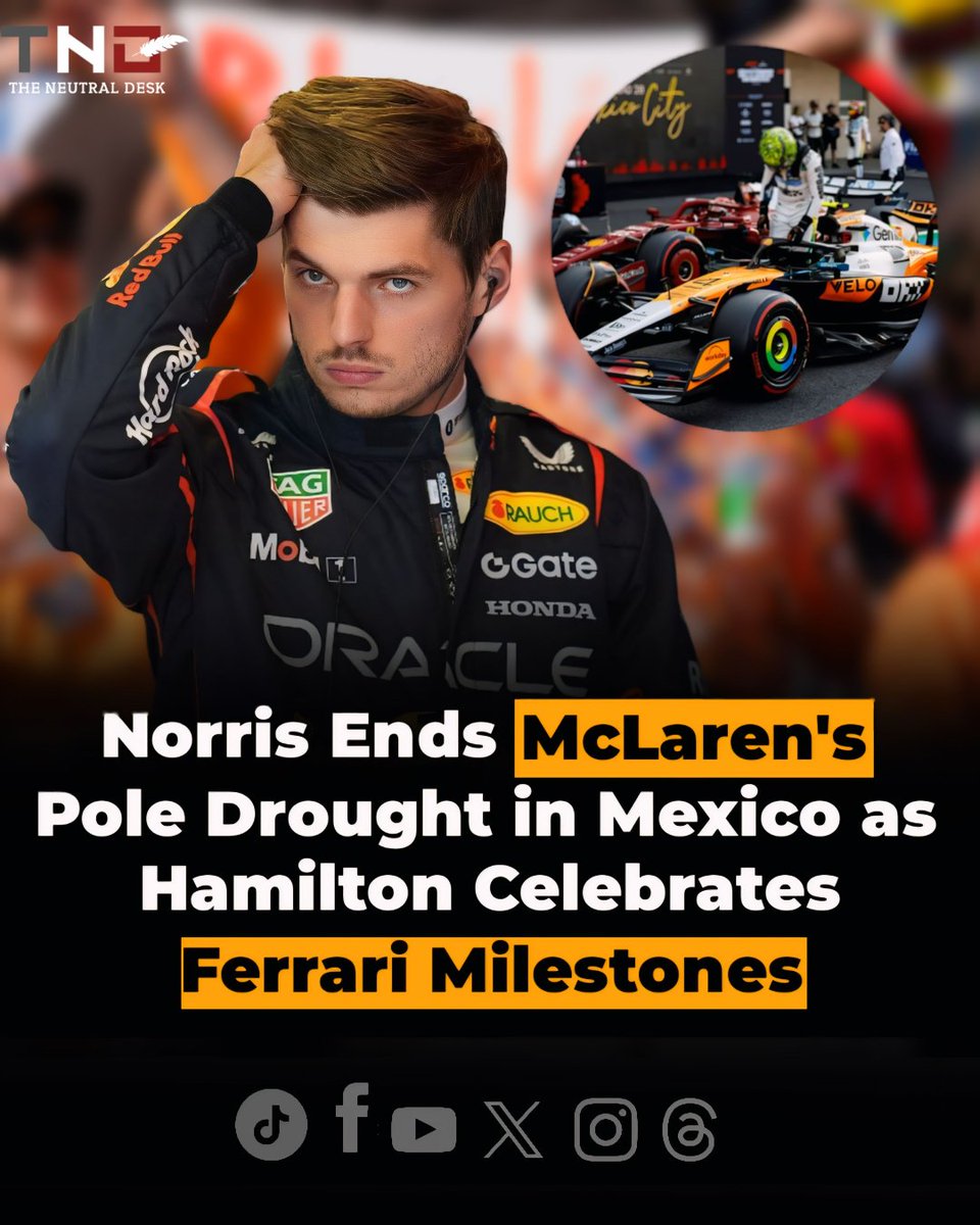TheNeutralDesk's tweet photo. A sensational lap saw him beat Leclerc and Hamilton, ending McLaren's decades-long pole drought at the Autódromo Hermanos Rodríguez. This is a HUGE championship boost for Lando, while title rivals struggle: Verstappen P5 &amp; Piastri P7. #LN4 #MexicoGP #F1 #McLaren #Ferrari https://t.co/uoptLnH4b4