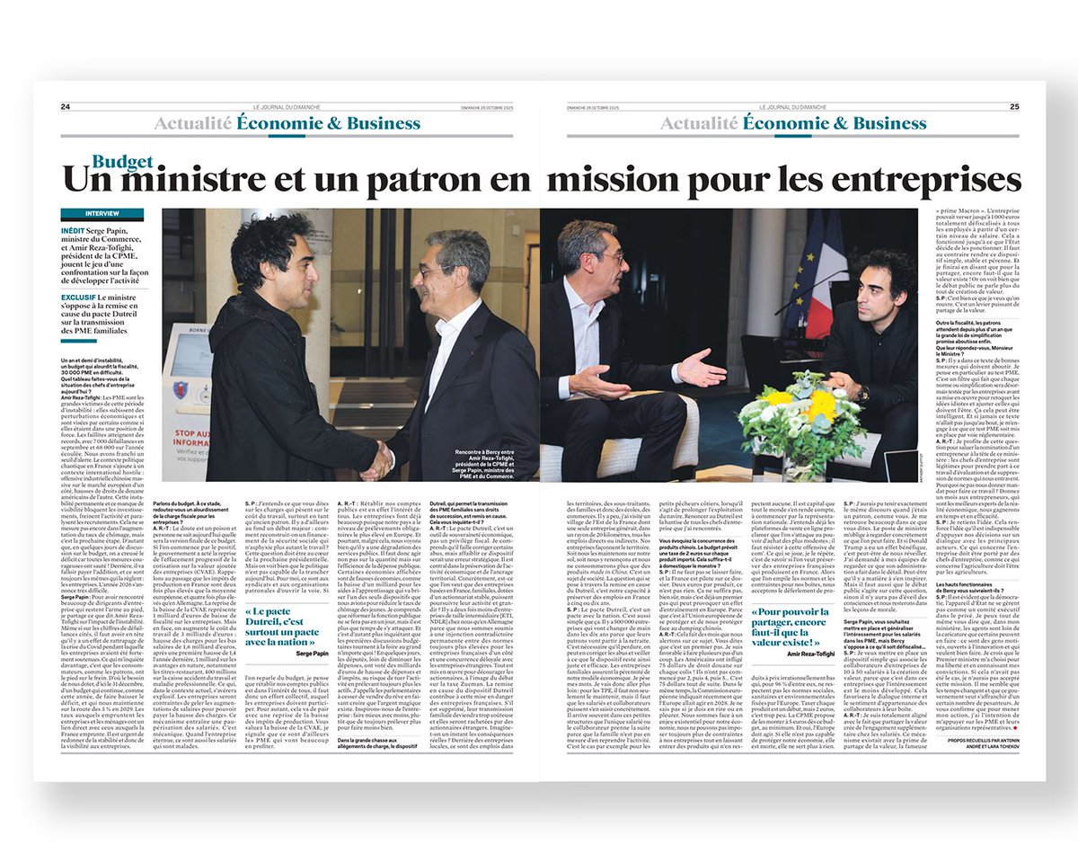 SergePapin_rf's tweet photo. Dans @leJDD ce dimanche, j’ai débattu avec @AmirRT patron de la @CPMEnationale et j’en retire deux choses :

D’abord, contrairement à ce qu’on entend trop souvent, les entreprises et leurs patrons veulent partager la valeur avec leurs salariés. La défiance envers tout ce qui touche à l’entreprise est mortifère pour la France et son économie, car ce sont les entreprises, les PME, les TPE, les indépendants qui créent la richesse du pays.

Ensuite, si l’on veut favoriser les entreprises, il faut que les décisions soient prises avec elles. C’est un point de méthode que je reprends totalement à mon compte. 
D’où la mise en place, dès que possible, du Test PME, par voie réglementaire si nécessaire, pour servir de bouclier face à la complexité des normes.

Dutreil, défense de notre économie, budget 2026, simplification et partage de la valeur : retrouvez notre interview commune dans @leJDD ➜ https://t.co/zm3qMzI8GK