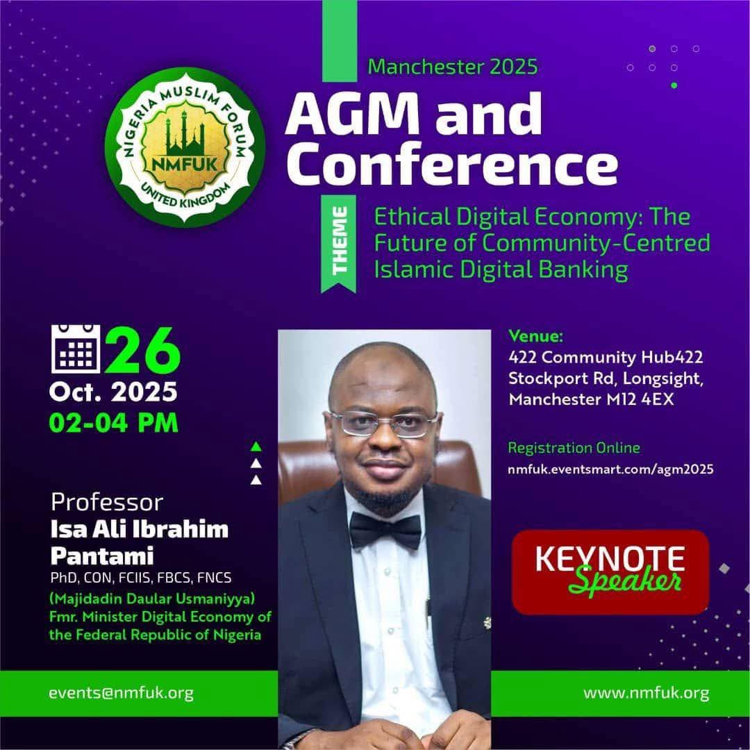 It is happening!

Prof <a href="/ProfIsaPantami/">Prof. Isa Ali Ibrahim, CON</a>, Majidadin Daular Usmaniyyah, is delivering a Keynote Speech at this year’s AGM &amp; Conference of the NMFUK <a href="/nmfukofficial/">Nigeria Muslim Forum</a> in Manchester, UK.
