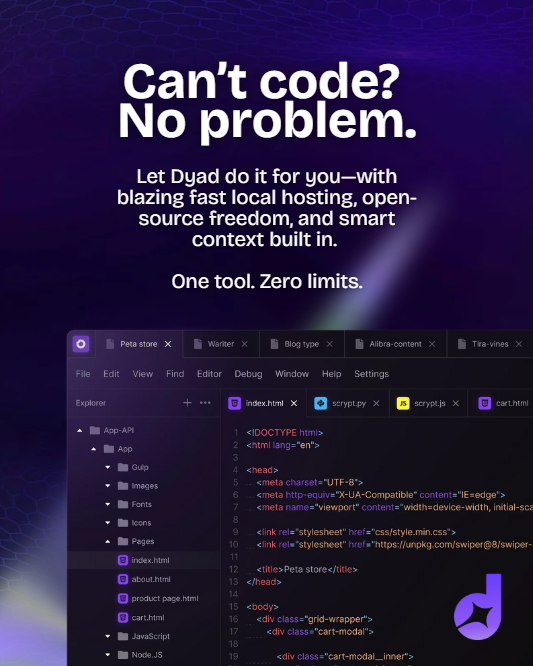 dyad_sh's tweet image. Can’t code?  No problem.

Let @dyad_sh do it for you with 
⚡ blazing-fast local runtime, 
🧠 smart context, and 
💻 open-source freedom.

One tool. Zero limits. Infinite creation.

#vibecode #nocode #AI #buildinpublic