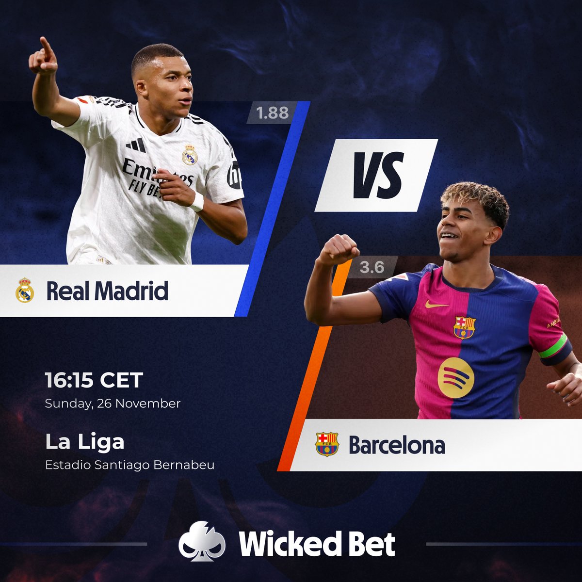 🔥 EL CLÁSICO IS HERE! 🔥

The biggest rivalry in football returns, Real Madrid vs Barcelona. Two giants, one battlefield, and endless bragging rights on the line.

Who will end up victorious in Madrid today? 

👉 Place your bets now on WickedBet and back your side before
