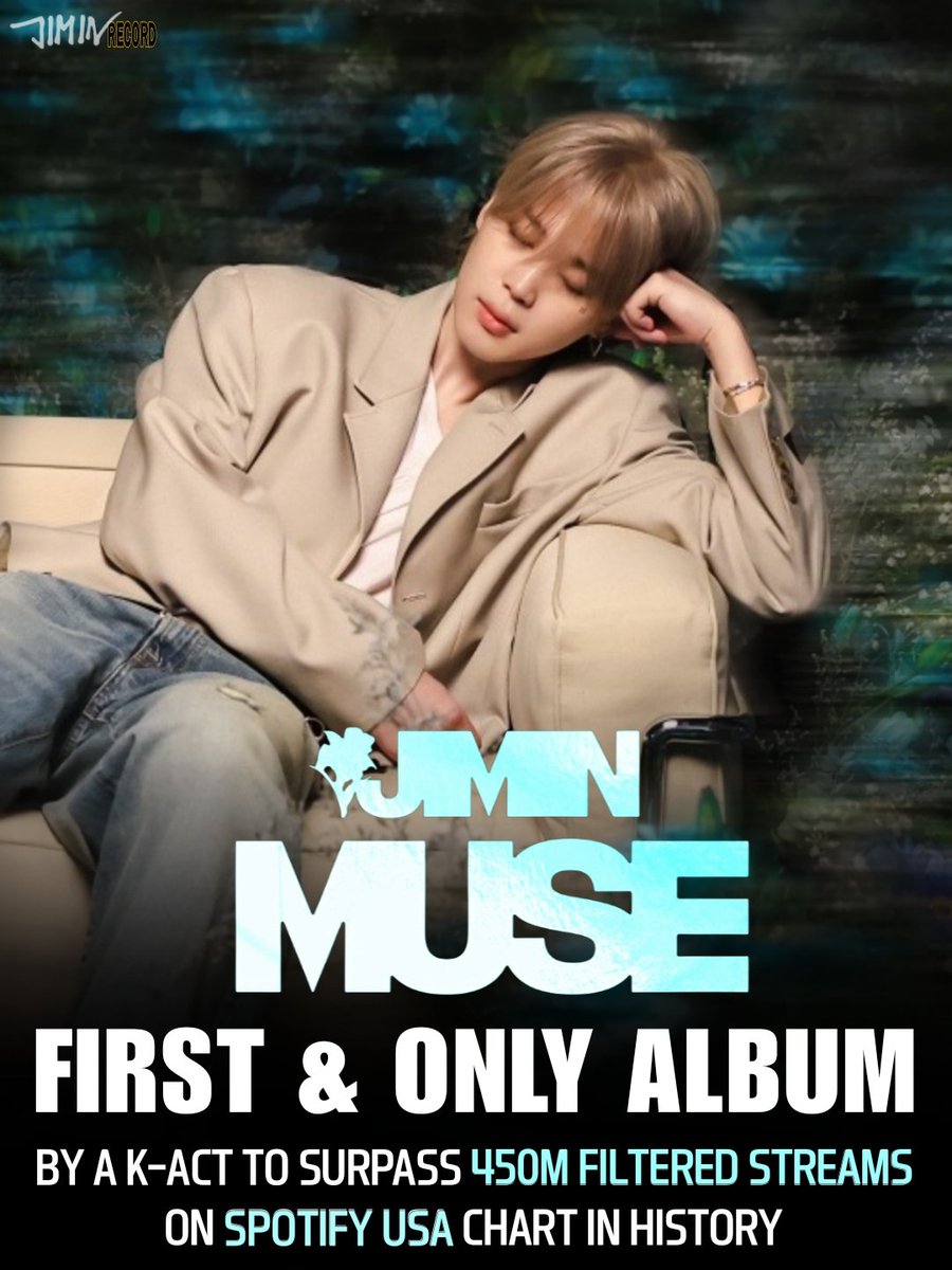 JIMIN_RECORD13's tweet photo. 지민의 두번째 솔로앨범 "MUSE"가 Spotify USA Chart에서 4억 5000만 Filtered streams를 돌파하였습니다.

"MUSE"는 해당 차트에서 4억 5000만 스트리밍을 달성한 최초이자 유일한 K팝 앨범입니다.

축하해요 지민 🎉 
Thank you Team USA ��🇸 

RECORD MAKER JIMIN 
#Jimin_MUSE #Jimin_Who 
#JIMIN #지민
