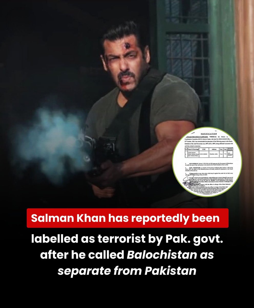 bollygossipsz's tweet photo. BIG! Bollywood actor Salman Khan has reportedly been added to Pakistan’s “Fourth Schedule” — a list under the ANTI-TERRORISM Act for monitoring suspected EXTREMIST links.

Shameful act by Pakistani Govt. https://t.co/Yq7pcVzMg9