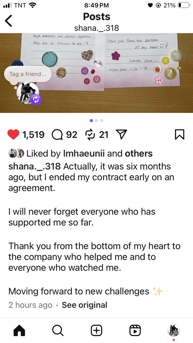 shedhamz's tweet image. SHANA IS FINALLY FREE!
Thank you so much to the best leader of Lapillus!🥹 So excited to see more of your new journey!🙆‍♀️ #Lapis will always love &amp;amp; support you no matter what🫶🏼 Wishing you all the happiness and success✨ 

#Shana #샤나 #NonakaShana #노나가샤나 #Lapillus #라필루스