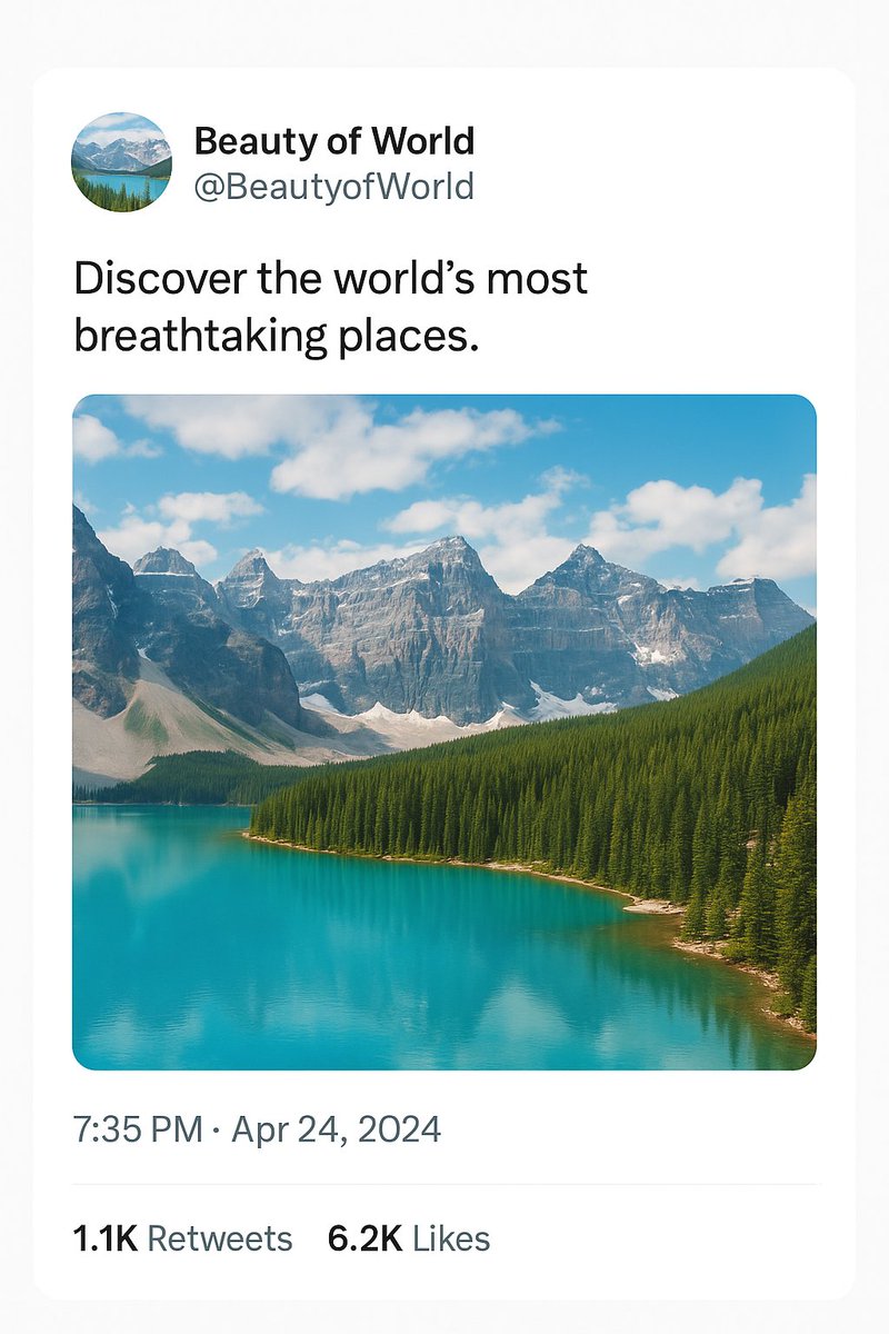 SophiaX_07's tweet photo. ✨ Discover the untouched beauty of our planet 🌍💙
Crystal-clear waters, majestic mountains, and endless serenity — nature never fails to amaze.
#BeautyOfWorld #TravelVibes #NaturePhotography #ExploreEarth #WondersOfNature https://t.co/nH03UNBM3K