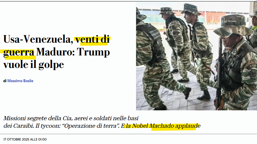 Il #Venezuela ha la riserva di petrolio più grande del mondo.
Nal 2007 con Chavez il petrolio è tornato nelle mani dello stato.
Trump sta preparando il terreno per un golpe, col supporto del Nobel per la #pace, la venezuelana #Machado.
Era meglio darle il #Nobel per la guerra.