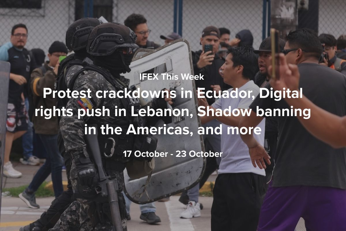 IFEX's tweet photo. This week in #FreeExpression updates:

🔹 Honoring Palestinian journalist Mariam Abu Dagga
🔹 Togo’s tightening grip on online speech
🔹 Hong Kong’s press freedom strain
🔹 Digital rights push in #Lebanon

📬 Read more #IFEXThisWeek: https://t.co/nLIw4TbtPX https://t.co/pa5AOm5fjd