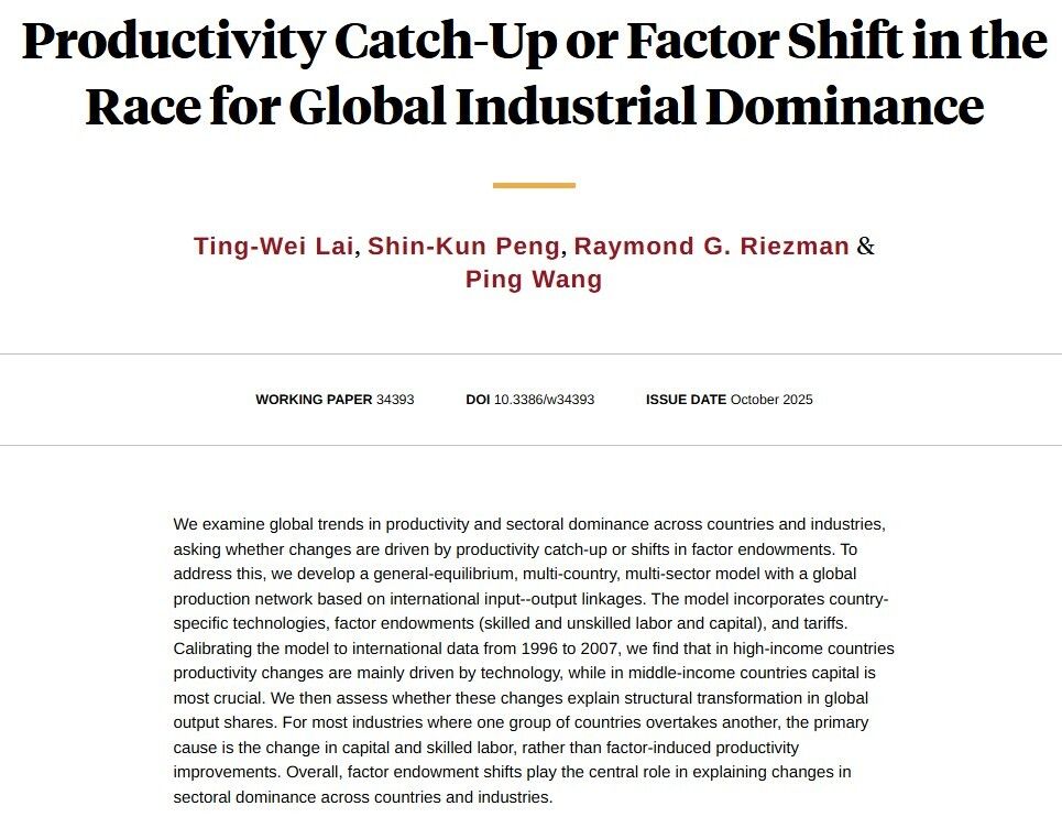 Factor endowment shifts toward capital and skilled labor are more important than productivity catch-up or trade barriers for global trends in productivity and sectoral dominance, from Ting-Wei Lai, Shin-Kun Peng, Raymond G. Riezman, and Ping Wang nber.org/papers/w34393