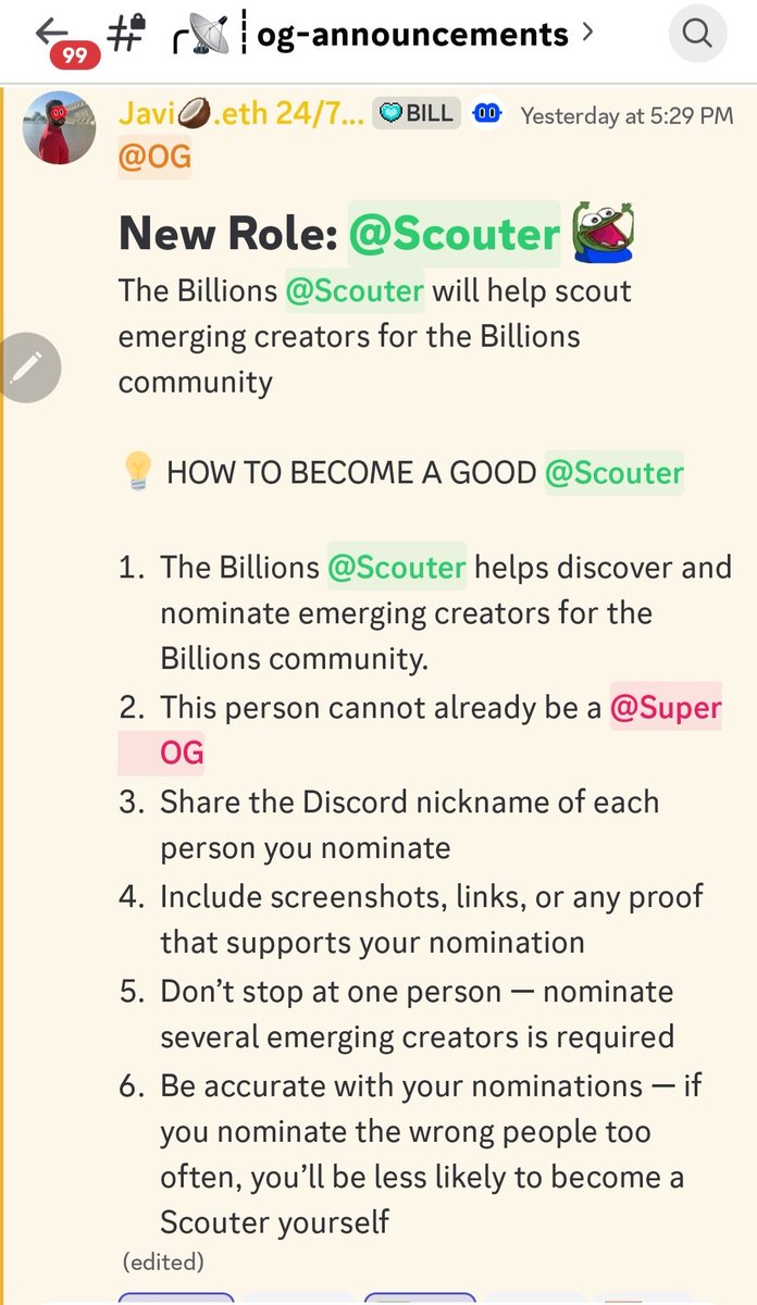Big week for billions 

 announced new role "Scouter " some persons were given Super Og, and some got the Scouter's role. 

If you are in <a href="/billions_ntwk/">Billions</a> you are really missing out, because we have a Community head that is always active and ready to listen.

Privacy is secure, and