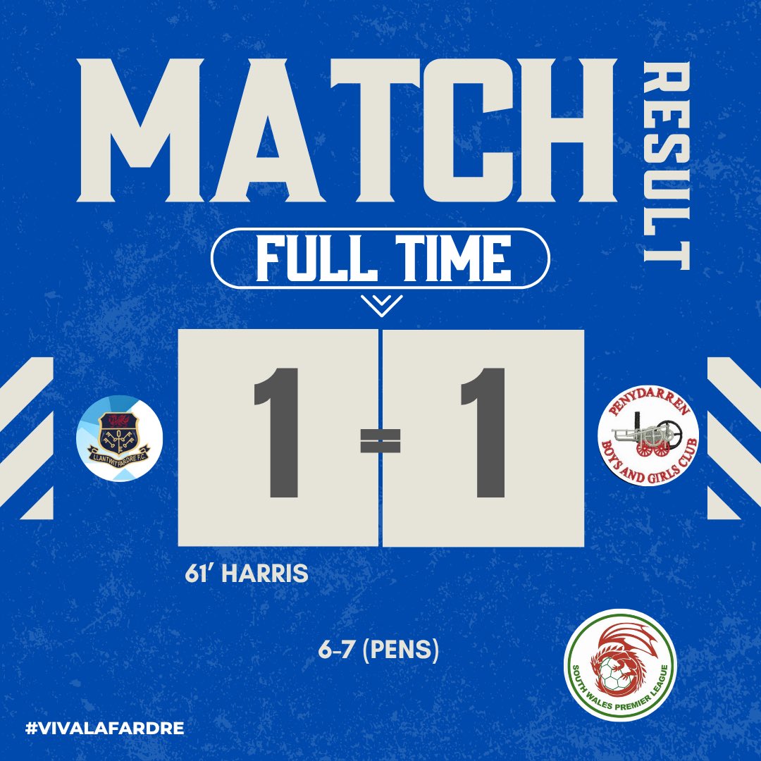 Despite the late equaliser it wasn’t enough. We exit the W John Owen Cup on penalties after a solid performance🔵 Good luck <a href="/PenydarrenFC/">Penydarren BGC</a> for the remainder of the cup!

#VivaLaFardre #LlantwitFardreFC
