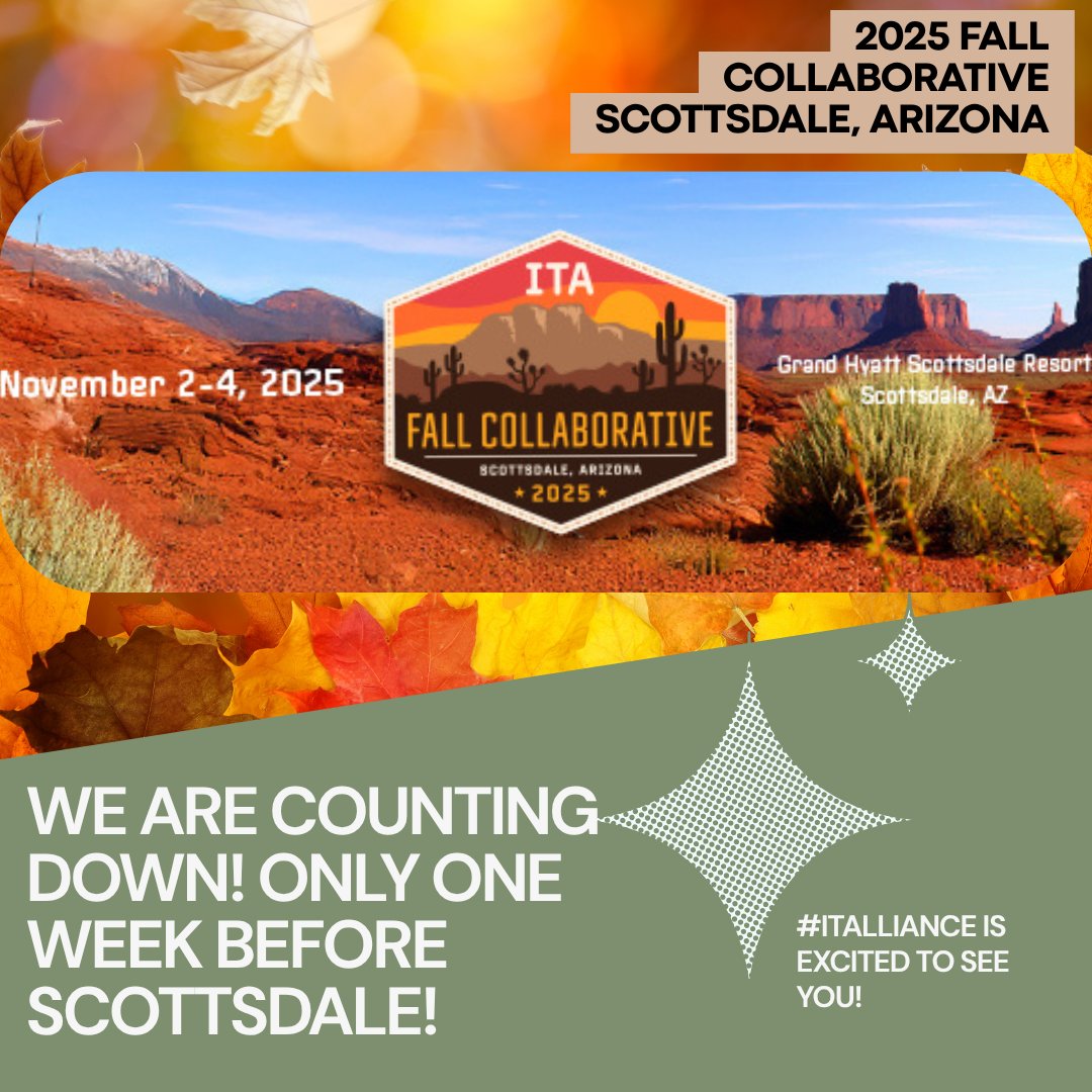 The #ITAlliance is counting down—just ONE WEEK until the 2025 Fall Collaborative in Scottsdale, Arizona.
We’ll soon gather at the beautiful Grand Hyatt  Resort with the best members, dynamic speakers, insightful sessions, and fun social activities. Safe travels!