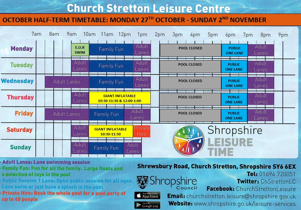 ChStrettonLC's tweet photo. Our October half-term timetable is here! 🍂👻

Starting Monday, October 27th, we've got swimming for everyone! – Adult Lanes, Family Fun, and our awesome Giant Inflatable sessions on Thursday &amp; Saturday! 🎃🏊‍♀️ https://t.co/RaXimuyqm1