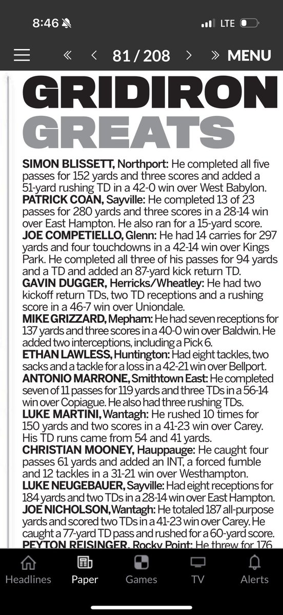 Joe Competiello Gridiron Great for the second consecutive  consecutive week !! Way to go Joe and great job by the Knights OL !!