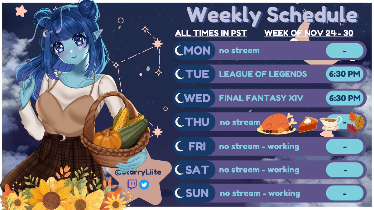 ✨WEEKLY SCHEDULE✨
november 24th - 30th

🎨sched design: @/LilacsWrath
🎨character art: @/Kaidachu