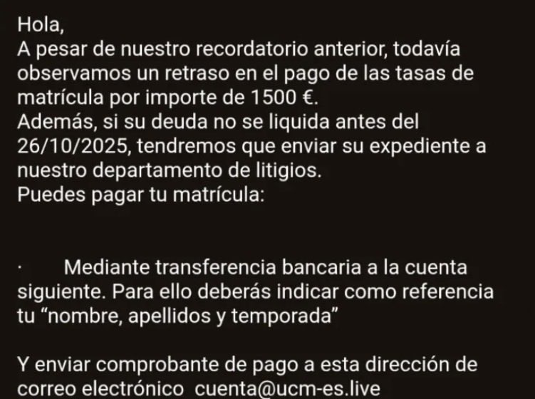 geologicasUCM's tweet photo. Ha llegado un envío masivo con este correo. No es cierto, no pinchéis ni mucho menos enviéis dinero a la cuenta que os piden. #Pishing https://t.co/GCjUTj6vnl