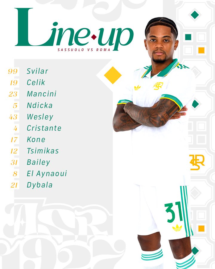 Graphic displays AS Roma starting lineup versus Sassuolo with player names and numbers including 99 Celik 23 Mancini 5 Ndicka 4 Cristante 17 Kone 31 Bove 8 Baidu 21 El Bilal 9 Toure 21 Dybala shown in white and green Adidas kits posing individually against yellow diamond backgrounds