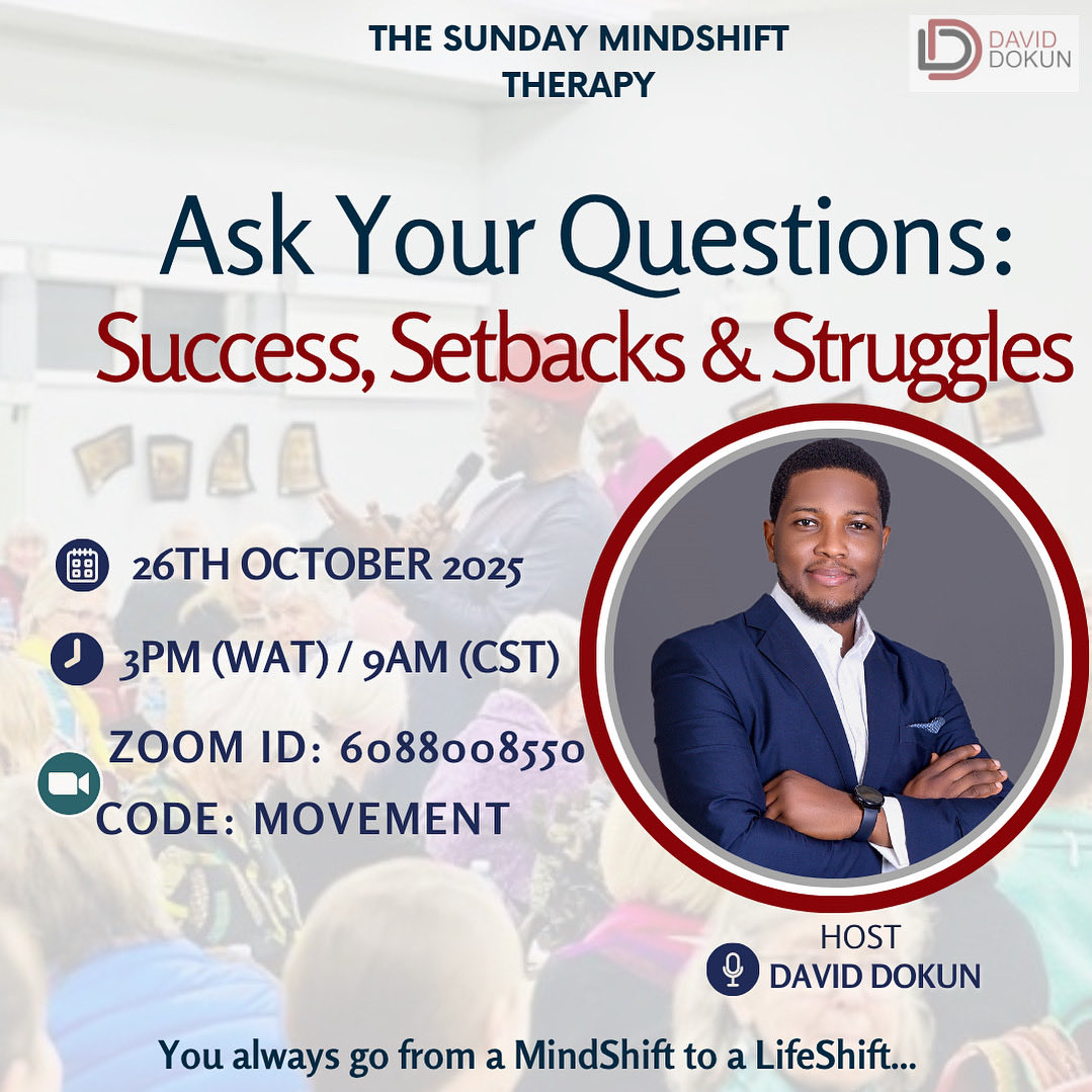 iamdaviddokun's tweet photo. Happy Sunday Fam!!!

Do you have thoughts and questions related to Success, Setbacks and Struggles?

Let’s discuss them at this Sunday MindShift Therapy Session today

Here’s the joining link - https://t.co/rtVsB9lpNO
 
*Zoom Passcode: MOVEMENT*

Please invite others too😁 https://t.co/6qUbCc96np
