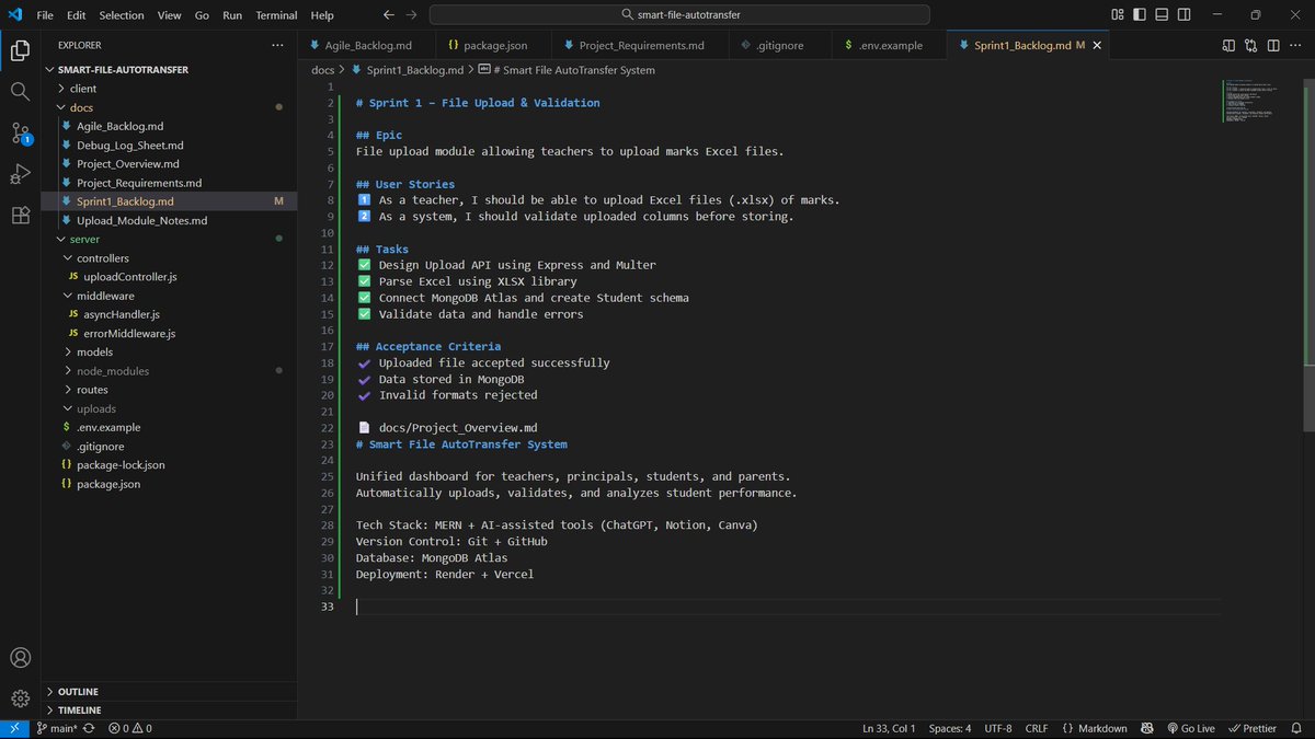 LaxmiCodes's tweet image. Day 3 of smart-file-auto-transfer app  using agile methodology
- Created full project folder structure 
-Set up Git and Node environment
-Prepared Sprint 1 backlog and documentation
-Linked Agile plan to technical tasks
#100daysofcode
#buildinpublic
#webdevelopment