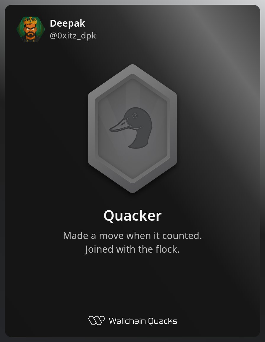 Just unlocked the Quacker on <a href="/wallchain/">Wallchain Quacks</a> 🏆

How cool is that?

Feels great to have my contributions recognized.

How’s Wallchain Quacks been treating you so far?

Not on board yet? Drop a comment for an invite 👇🦆