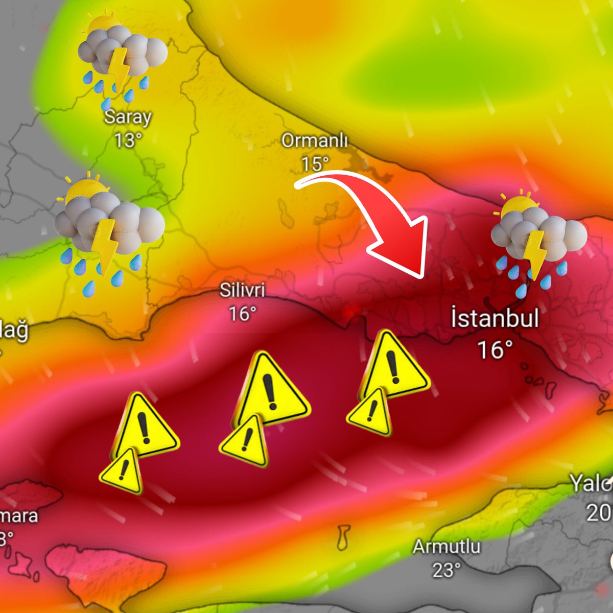 hava_bilim's tweet photo. Son Dakika | Yarın İstanbul'da Etkili olacak yağışlara karşı! Yetkililer dikkatli tedbirli olmalı mesai saatine denk geliyor. Trafik kilit olabilir...🚨🚨🚨 https://t.co/kpb49e4Yrz