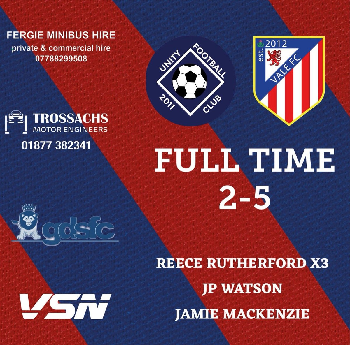 FT: Unity FC 2-5 Vale FC 

Another hat-trick from Reece sends all 3 points back to Mountblow💙

🔵🔴