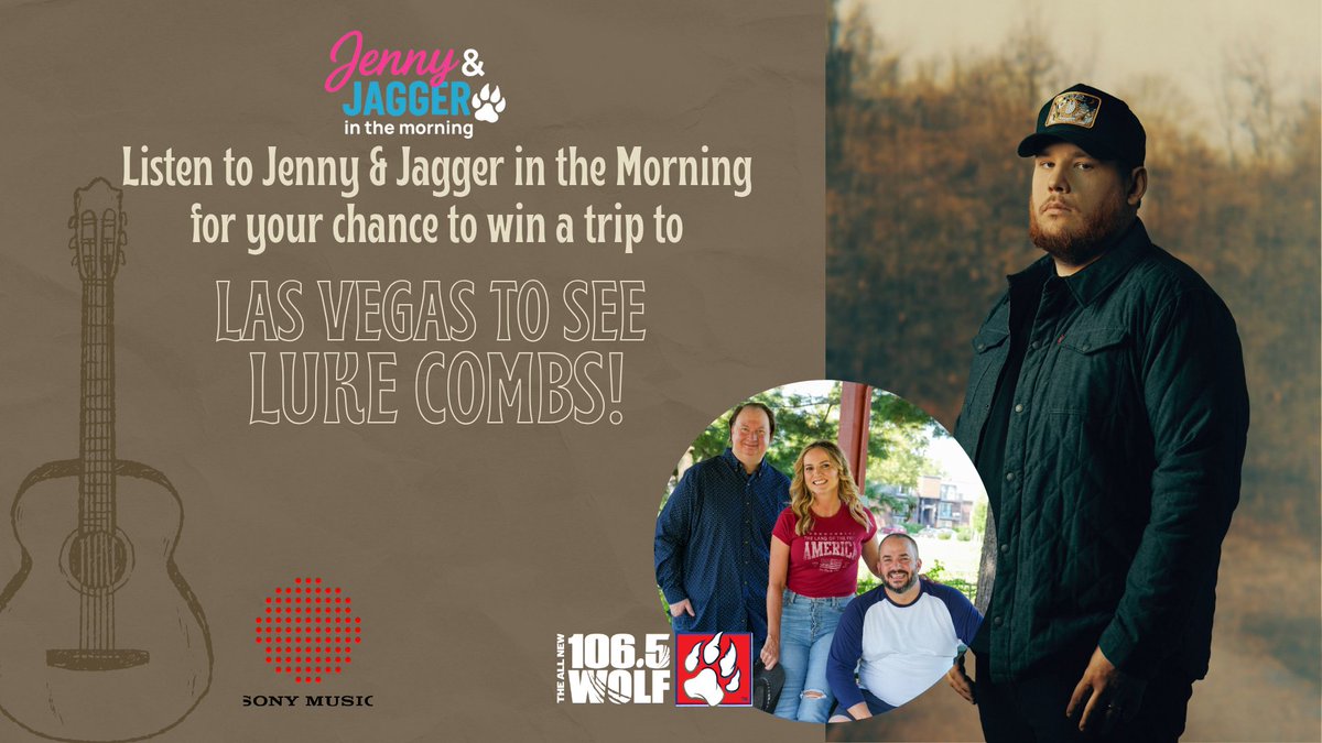 Howl for this one, Wolf Pack! 🐺🎶
You could win a trip to see Luke Combs LIVE in Vegas!
Tune in to Jenny &amp; Jagger Oct 27–Nov 21, 6–10AM, listen for the cue &amp; call in to qualify! ✈️🎤

audacy.com/_pages/cmgpkf2…