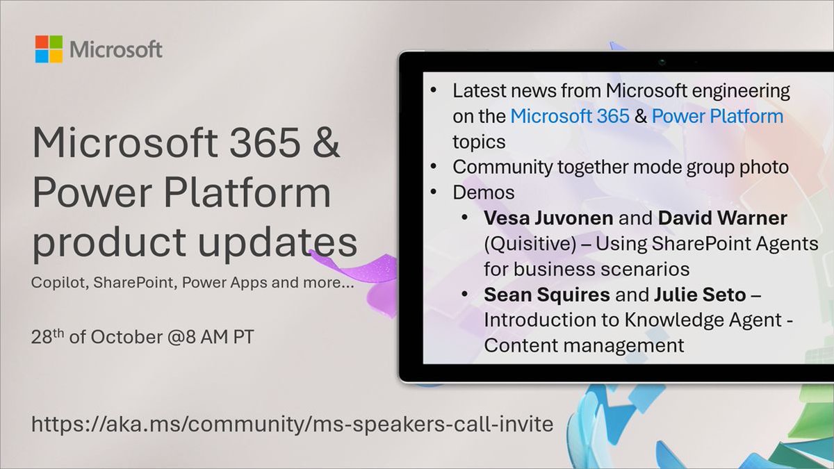 vesajuvonen's tweet image. 📅 Agenda for the #Microsoft365 &amp;amp; #PowerPlatform product updates call 28th of Oct

• The latest updates⚡
• Focus this time on #SharePoint and on the Knowledge Agent
• Presented by @vesajuvonen, @davidwarnerii, Sean Squires, and Julie Seto

+more!🚀 #SharingIsCaring

👋 Get…