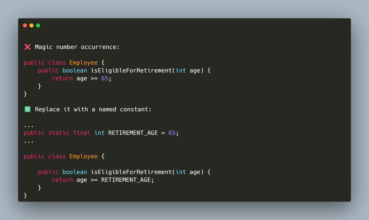 mario_casari's tweet image. 💡Java Tip: Avoid magic numbers. In Java, a Magic Number refers to a hard-coded numeric value used in code without any explanation of what it represents.
Magic numbers reduce readability and make maintenance harder.
#Java #CleanCode