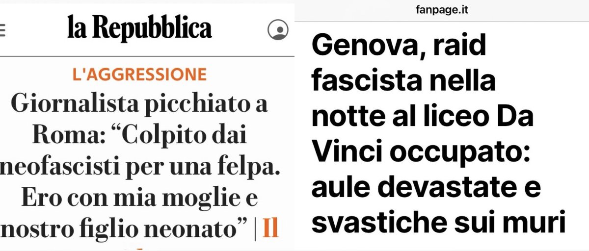⚫️ Un giornalista picchiato a Roma perché indossa una maglia antifascista, un liceo devastato a Genova con svastiche sui muri al grido di “viva il duce”. Si sentono e sono impuniti è l’Anno IIII del governo Meloni.