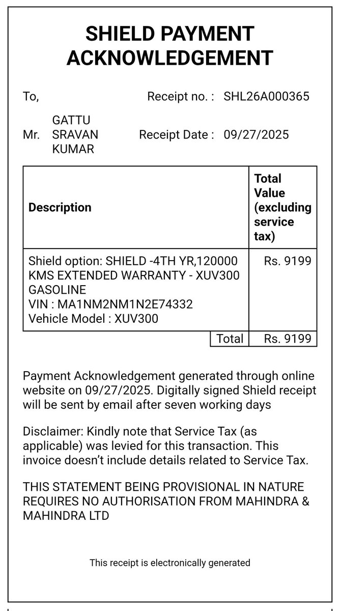 ShashiInfosec's tweet image. @MahindraRise @vijaynakra @anandmahindra

Renewed my XUV300 extended warranty (Cert: SHL26A000365) via Mahindra app, paid ₹10,854, but still not updated at service centre.

No resolution after multiple follow-ups.

Please fix this or refund.
#Mahindra #XUV300 #MahindraService