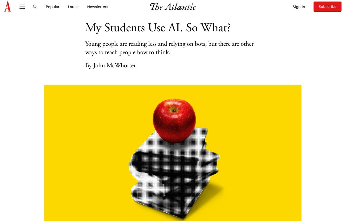 jimithekewl's tweet image. Yapay zekadan şikayet etmenin yersiz olduğunu düşünen bir yazar ve hocanın yazısı:

Öğrencilerim Yapay Zekâ Kullanıyor. Ee, Ne Olmuş?
Yazan: John McWhorter

Gençler artık daha az okuyor ve botlara güveniyorlar; ama insanlara düşünmeyi öğretmenin başka yolları da var.

Ortaokul…