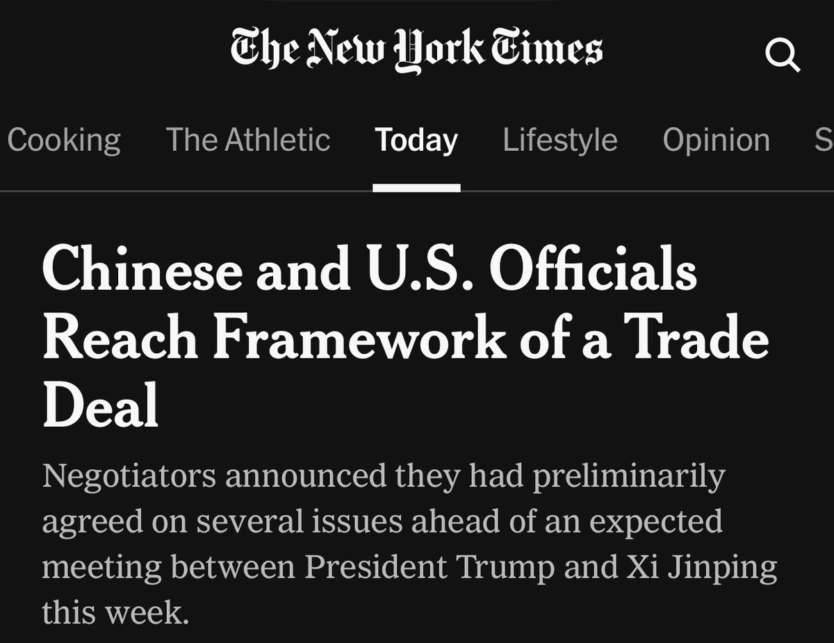 elerianm's tweet photo. Multiple media outlets report that the US and China are nearing agreement on a trade deal which, according to Treasury Secretary Bessent, would lift the threat of 100% tariffs on Chinese goods next week and ease the flow of rare earth exports from China, among other things — this as the European Union announces it is ready to retaliate against China for limiting such exports.
#economy #trade #china #eu #markets #tariffs #rareearth #markets