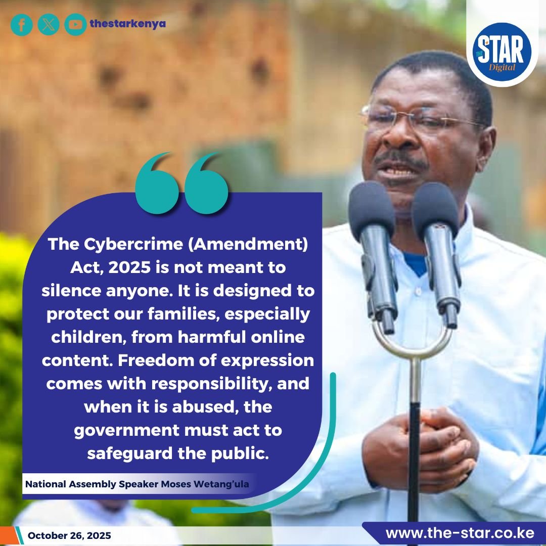 TheStarKenya's tweet photo. National Assembly Speaker Moses Wetang’ula has defended the recently enacted Computer Misuse and Cybercrimes (Amendment) Act, 2025, saying the law is designed to safeguard the sanctity of the family unit and not to curtail freedom of expression.
#starkenyanews https://t.co/RaGVNtqiG8