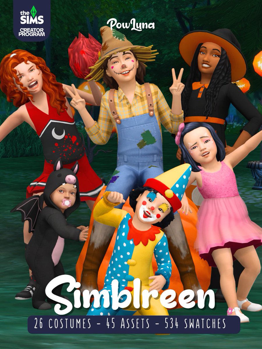 powluna58's tweet image. I updated, remade and created new costumes to put together this HUGE Simblreen collection for you! There are TWENTY-SIX costumes for kids, toddlers and infants, all made with love and fun 🩷 Get it here: powluna.com/sims-4-cc/cc-s…