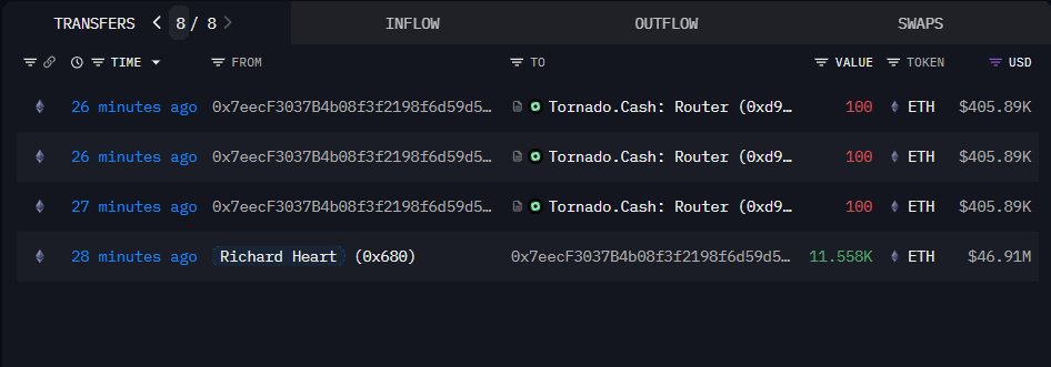 리차드 하트의 ETH 유출이 Tornado Cash 라우터로 향한 상세 트랜잭션 로그